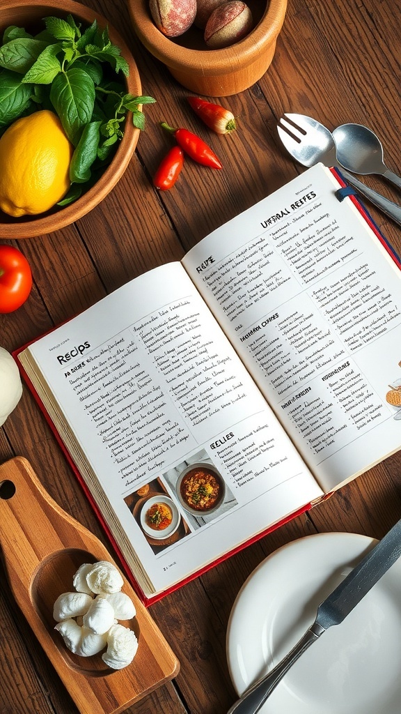 Custom Recipe Book Template An open recipe book with handwritten recipes and illustrations on a wooden table.